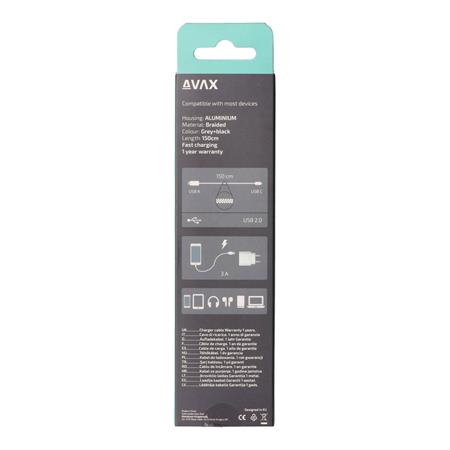 Töltőkábel, USB-A - USB-C, 1,5 m, AVAX "CB301G", acélszürke