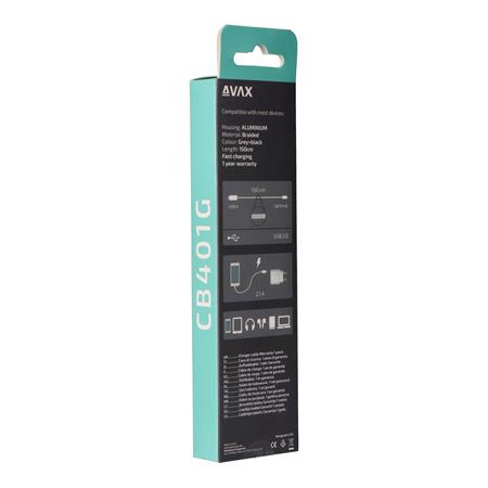 Töltőkábel, USB-A - lightning (Apple), 20W, 1,5 m, AVAX "CB314 Steel", acélszürke