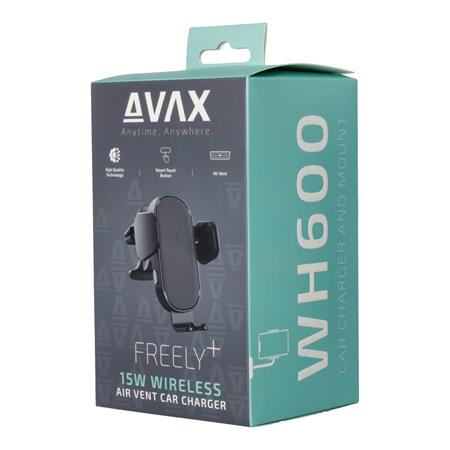 Autós töltő, vezeték nélküli, szellőzőrácsra, AVAX "WH600 Freely+", fekete