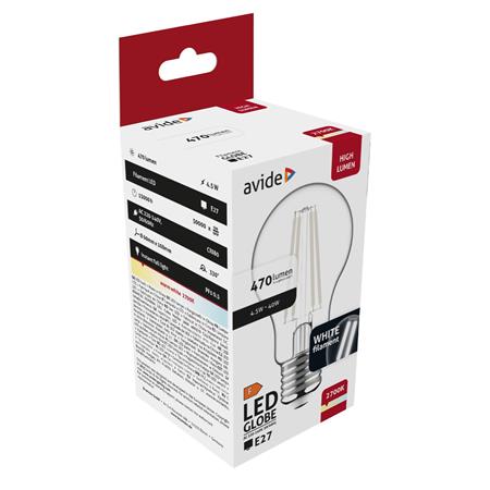 LED izzó, filament, E27, gömb, A60, 4,5W, 470lm, 2700K, AVIDE