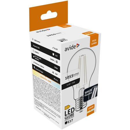LED izzó, filament, E27, gömb, A60, 8,5W, 1055lm, 4000K, AVIDE
