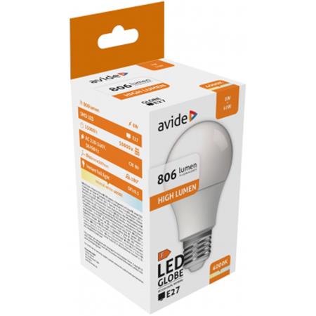 LED izzó, E27, gömb, A60, 8W, 806lm, 4000K, AVIDE