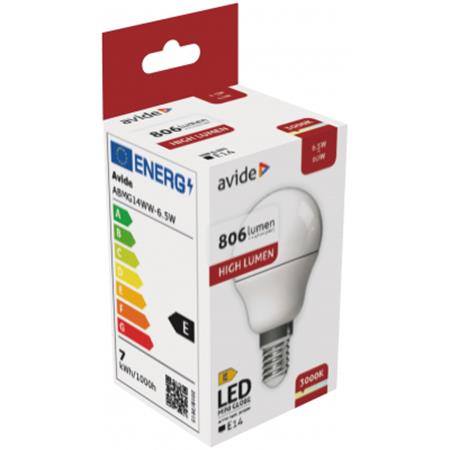LED izzó, E14, kisgömb, G45, 6,5W, 806lm, 3000K, AVIDE