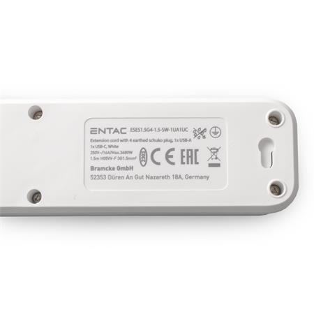 Elosztósor, 4 aljzat, 1,5 m, USB, kapcsolóval, ENTAC, fehér