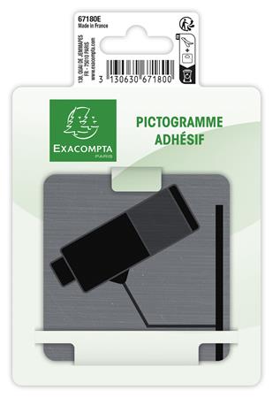 Információs tábla, öntapadó, 7,5x7,5 cm, alumíniumhatású, EXACOMPTA, "Kamerával megfigyelt terület"