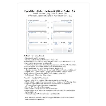 Kalendárium betét, tervező, Filofaxhoz, pocket méret, heti, 1 hét/2 oldal, 2026