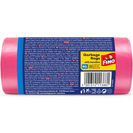 Szemeteszsák, köthető füles, illatosított, 40 l, 20 db, 52x61 cm, 16 µ, FINO "Premium handles", rózsaszín
