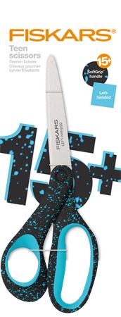 Olló, ifjúsági, 20 cm, balkezes, FISKARS, foltos pávakék