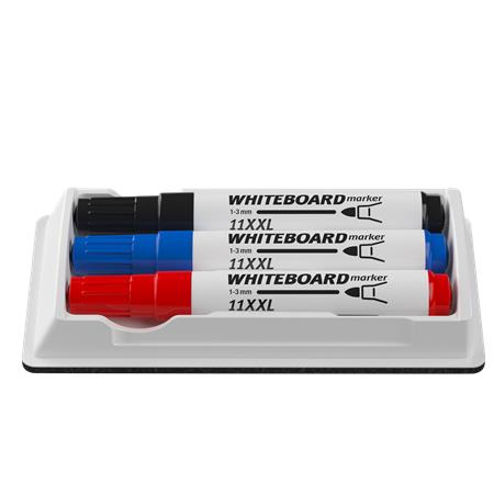 Tábla- és flipchart marker készlet tartóban, 1-3 mm, kúpos, ICO "11 XXL", 3 különböző szín +táblatörlő