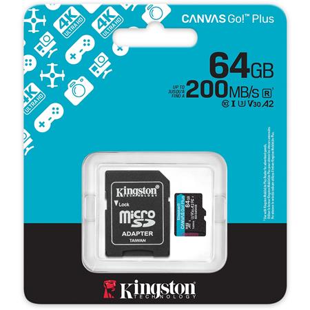 Memóriakártya, microSDXC, 64GB, C10/UHS-I/U3/V30/A2, Gen4, adapter, KINGSTON "Canvas Go! Plus"