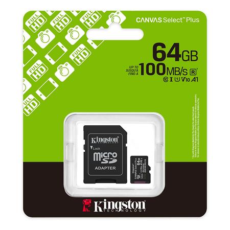 Memóriakártya, microSDXC, 64GB, C10/UHS-I/U1-U3/V10-V30/A1, Gen3, adapter, KINGSTON "Canvas Select Plus"
