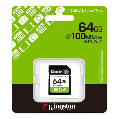 Memóriakártya, SDXC, 64GB, C10/UHS-I/U1/V10, Gen3, KINGSTON "Canvas Select Plus"