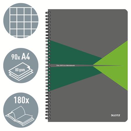 Spirálfüzet, A4, kockás, 90 lap, PP borító, LEITZ "Office", szürke-zöld