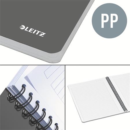 Spirálfüzet, A5, vonalas, 90 lap, PP borító, LEITZ "Office", szürke-kék