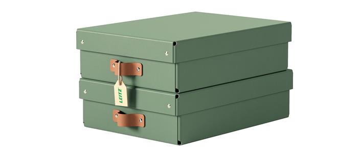 Tárolódoboz, M méret, alacsony, LEITZ "Puro", zsályazöld