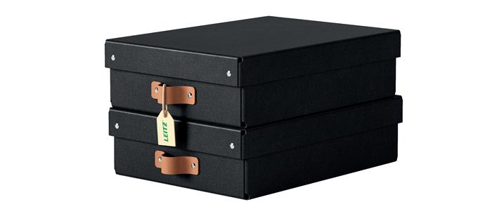 Tárolódoboz, M méret, alacsony, LEITZ "Puro", fekete