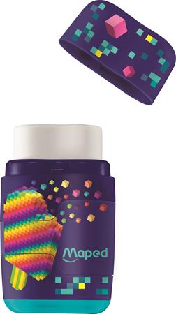 Hegyező és radír, kétlyukú, tartályos, pótradírral, MAPED "Pixel Party Connect"
