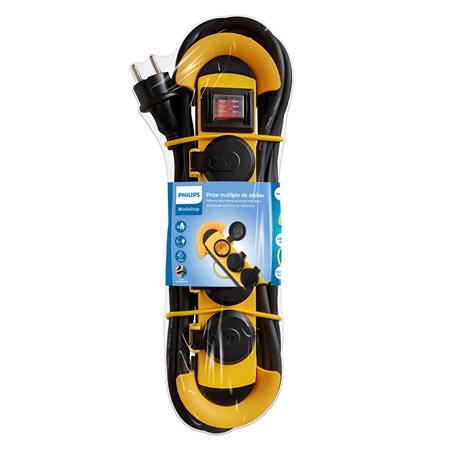 Elosztósor, kültéri, 4 csatlakozóaljzat, 5 m kábel, PHILIPS, fekete-sárga