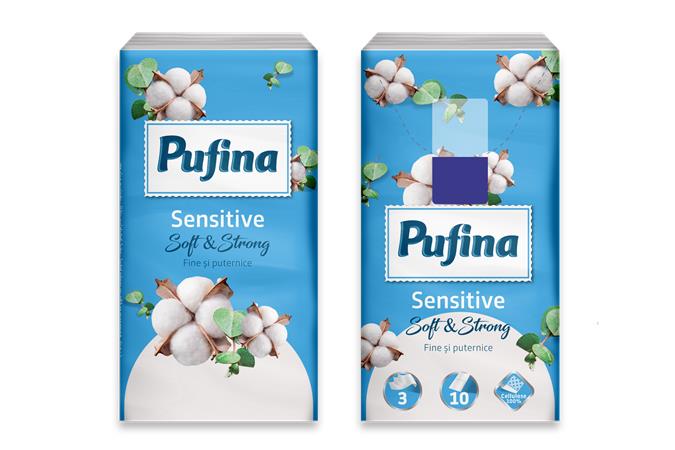 Papír zsebkendő, 3 rétegű, 10x10 db, PUFINA "Sensitive"
