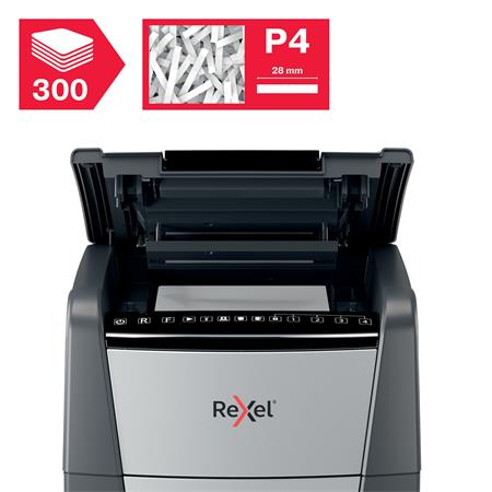 Iratmegsemmisítő, konfetti, 300 lap, REXEL, "Optimum AutoFeed+ 300X"
