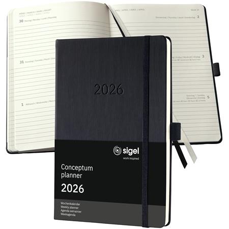 Naptár, A5, heti, 2026, kemény borító, SIGEL "Conceptum", fekete