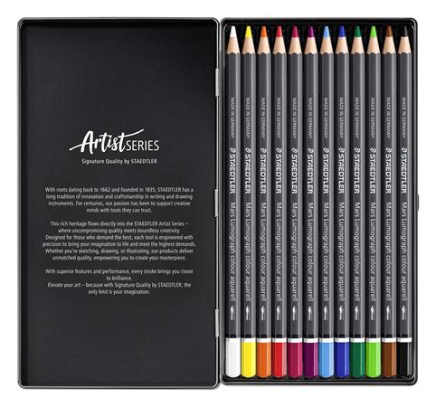 Akvarell színes ceruza készlet, hatszögletű, fémdobozos, STAEDTLER "Mars® Lumograph® 104", 12 különböző szín