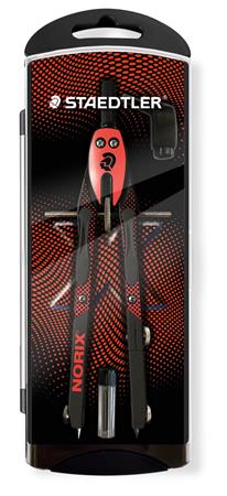 Körző készlet, precíziós, 3 darabos, STAEDTLER "Norix® 555", piros