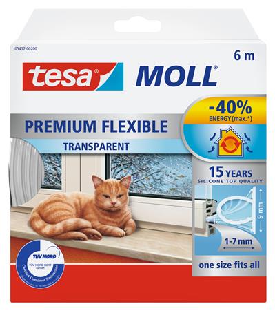Ajtó- és ablaktömítő szalag, 9 mm x 6 m, TESA "tesamoll® Premium Flexible", átlátszó