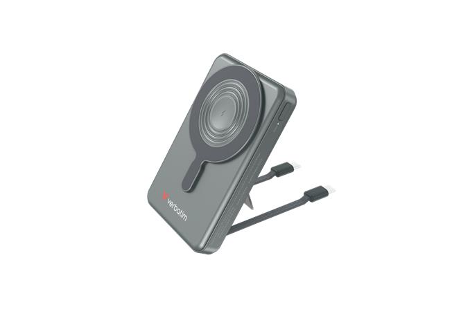Power bank, mágneses (vezeték nélküli), 2 kábeles, kijelzővel, 10.000mAh, VERBATIM "Charge n Go", szürke