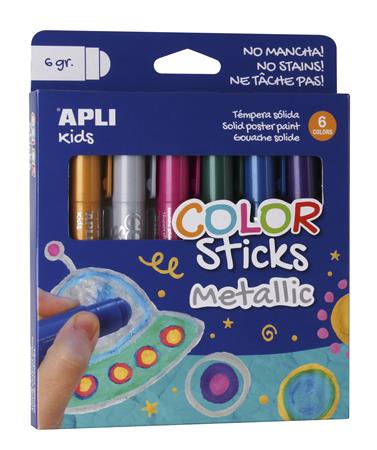 Tempera stift készlet, toll alakú, APLI "Kids", 6 különböző metál szín