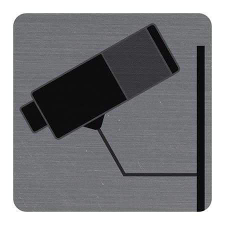 Információs tábla, öntapadó, 7,5x7,5 cm, alumíniumhatású, EXACOMPTA, "Kamerával megfigyelt terület"
