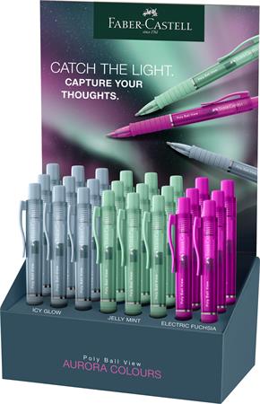 Golyóstoll display, 0,34 mm, nyomógombos, FABER-CASTELL "Poly Ball View Aurora", vegyes színek