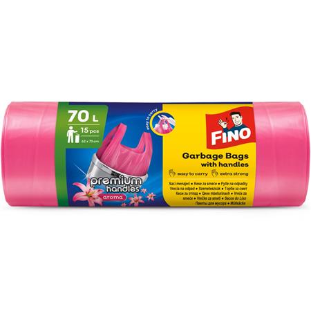 Szemeteszsák, köthető füles, illatosított, 70 l, 15 db, 62x73 cm, 16 µ, FINO "Premium handles", rózsaszín