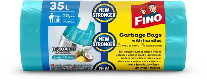 Szemeteszsák, köthető füles, illatosított, 35 l, 20 db, 49x59 cm, 12 µ, FINO "Premium handles", világoskék