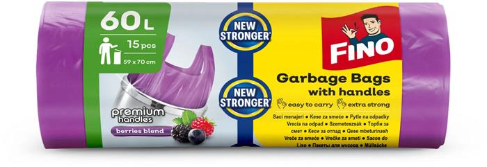 Szemeteszsák, köthető füles, illatosított, 60 l, 15 db, 59x70 cm, 16 µ, FINO "Premium handles", lila