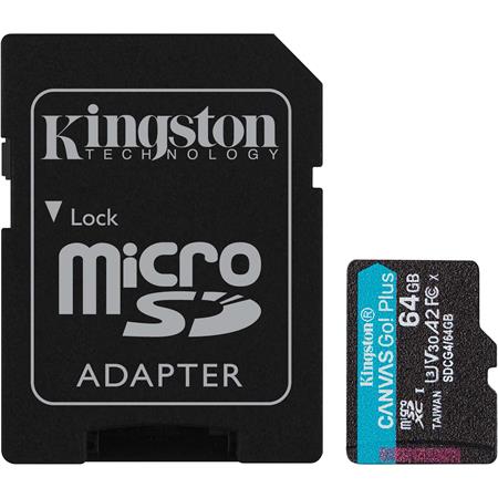 Memóriakártya, microSDXC, 64GB, C10/UHS-I/U3/V30/A2, Gen4, adapter, KINGSTON "Canvas Go! Plus"