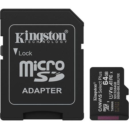 Memóriakártya, microSDXC, 64GB, C10/UHS-I/U1-U3/V10-V30/A1, Gen3, adapter, KINGSTON "Canvas Select Plus"