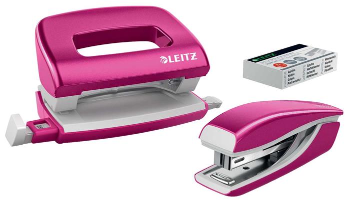 Tűzőgép és lyukasztó szett, 10 lap, fém, LEITZ "Wow Mini", rózsaszín