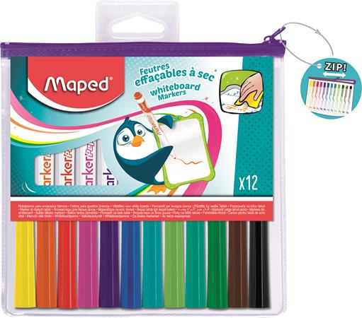 Táblamarker készlet, 1,5 mm, kimosható, fehértáblához, MAPED "Marker`Peps, 12 különböző szín