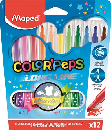 Filctoll készlet, 1-3,6 mm, kimosható, MAPED "Color`Peps", 12 különböző szín