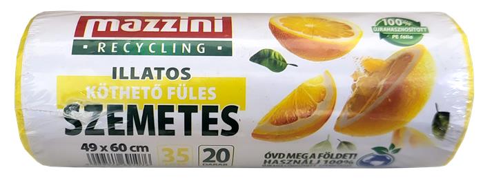 Szemeteszsák, újrahasznosított, köthető füles, illatosított, 35 l, 20 db, 49x60 cm, 10 µ, MAZZINI, citrus illat