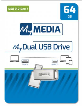 Pendrive, 64GB, USB 3.2 Gen1 + USB-C, alumínium ház, MYMEDIA "Dual" (by VERBATIM)