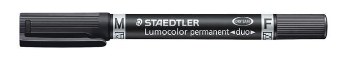 Alkoholos marker, F/M, 0,6/1,5 mm, kúpos, kétvégű, STAEDTLER "Lumocolor Duo 348", fekete