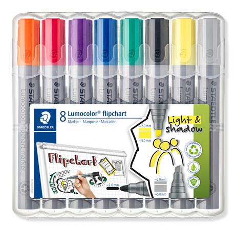 Flipchart marker készlet, 2-5 mm, vágott, STAEDTLER "Lumocolor 356", 8 különböző szín