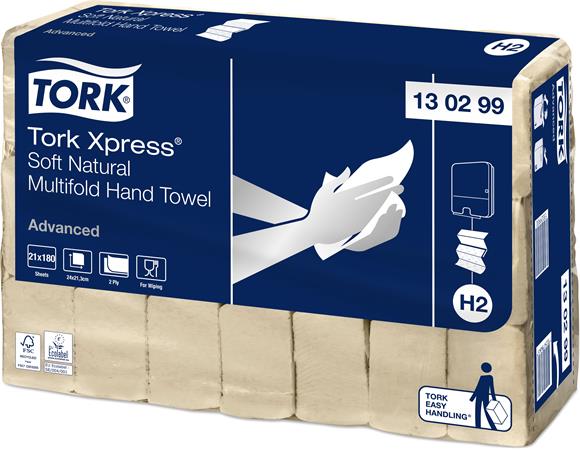 Kéztörlő, Interfold hajtás, 2 rétegű, 180 lap, H2 rendszer, Advanced, TORK "Xpress® Soft Multifold", natúr