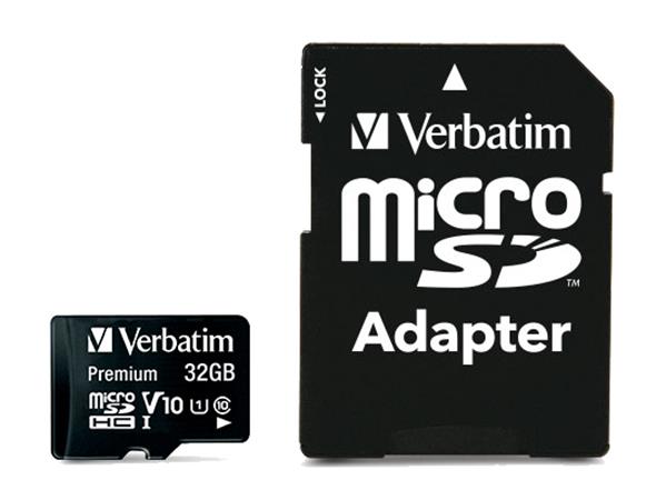 Memóriakártya, microSDHC, 32GB, CL10/U1, 90/10 MB/s, adapter, VERBATIM "Premium"