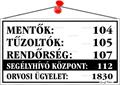 Információs tábla, 22,5x12,5 cm, "Mentők tűzoltók, rendőrség telefonszámok", fehér