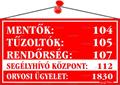 Információs tábla, 22,5x12,5 cm, "Mentők tűzoltók, rendőrség telefonszámok", piros